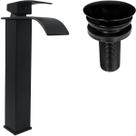 Torneira Preta Pia Banheiro Bica Alta Cascata E Valvula Click 1¼ Inox Torneira Quadrada Monocomando Misturador Ralo De Escoamento Kit Lavabo Preto