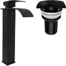 Torneira Preta Pia Banheiro Bica Alta Cascata E Valvula Click Tampa Quadrada 1¼ Torneira Inox Monocomando Misturador Ralo Escoamento Kit Lavabo