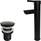 Torneira Preto Fosco Bica Alta Pia Banheiro E Valvula Click 1¼ Inox Kit Lavabo Black Luxo Torneira Monocomando Misturador Ralo Escoamento 40mm