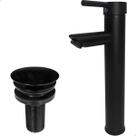 Torneira Preto Fosco Bica Alta Pia Banheiro E Valvula Click ⅞ Inox Kit Lavabo Black Luxo Torneira Monocomando Misturador Ralo Escoamento 30mm