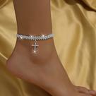 Tornozeleira Crucifixo Cravejada em Zirconia Dupla Banhada a Prata