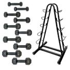 Torre Suporte + Halteres Sextavado Emborrachados - Pares de 1 a 5 Kg