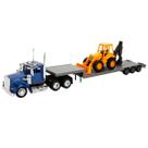 Trailer de brinquedo Kenworth W900 com retroescavadeira em escala 1:43