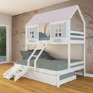 Treliche Casal/ Solteiro Casinha Bela com Kit Escada/Escorregador - Madeira Maciça Branco/Rosa/Verde Megamobilia
