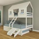 Treliche Casal/ Solteiro Casinha Encantada com Kit Escada/ Escorregador Madeira Maciça Branco Housin