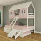 Treliche Casal/ Solteiro Casinha Encantada com Kit Escada/ Escorregador Madeira Maciça Rosa/ Branco Housin