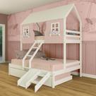 Treliche Casal/ Solteiro Casinha Encantada com Kit Escada/ Escorregador Madeira Maciça Rosa/ Branco Megamobilia