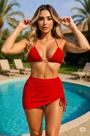 Trikini Feminino Conjunto de biquini 3 peças com Bojo enchimento sustentação com saia stripe cintura alta