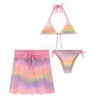 Trio Biquini Juvenil Lilimoon Top e Calcinha Malha UV Dry 50+ e Saia Tela Colorido
