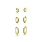 Trio Brincos Argola com uma fileira Zirconias Verdes Banhado a Ouro 18k