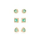 Trio Brincos Ponto de Luz Verde Banhado a Ouro 18k
