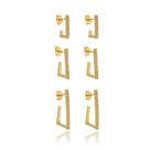 Trio de Brinco Argola J Reta Zircônia Cristal Banhado a Ouro