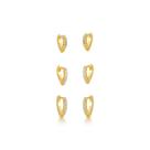 Trio de Brincos Coração uma fileira de Zirconia Banhados a Ouro 18k