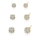 Trio de Brincos de Zircônias Quadrado Semi Joias Banhado Ouro 18k