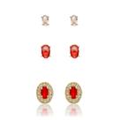 Trio de Brincos Ponto de Luz Pink, Rubelita e Rubi Prata 925 Banhado a Ouro 18k