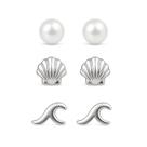 Trio de Brincos Prata 925 Feminino com Pérola, Concha e Onda Trio de Brincos Prata 925 Feminino com Pérola, Concha e Onda