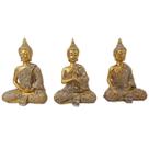 Trio de Buda Dourado 12cm - Enfeite Decorativo Resina - Decoração Sala