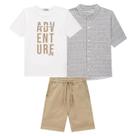 Trio de Camiseta em Malha Camisa em Tecido Cambraya Listrado e Bermuda em Sarja Stretch -LucBoo