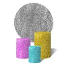 Trio De Capa Cilíndricas + Painel Sublimado c/ Elástico Chuva de Glitters Azul, Rosa, Dourado e Prata