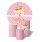 Trio De Capa Cilíndricas + Painel Sublimado c/ Elástico Ursinha Princesa Rosa Capitonê