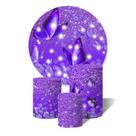 Trio de Capas Cilíndricas + Painel Redondo Sublimado c/ Elástico Borboletas Lilás Glitter Roxo