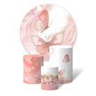 Trio de Capas Cilíndricas + Painel Redondo Sublimado c/ Elástico Borboletas Rosa Aquarela Glitter Brilho