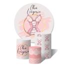 Trio de Capas Cilíndricas + Painel Redondo Sublimado c/ Elástico Chá de Lingerie Rosa Arco Dourado e Renda