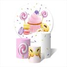 Trio de Capas Cilíndricas + Painel Redondo Sublimado c/ Elástico Confeitaria Cupcakes Doces Pirulitos e Donuts