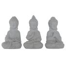 Trio de esculturas buda cinza em posicoes diferentes