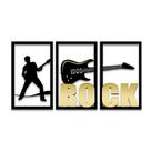 Trio de Quadros Vazados Rock Guitarra com Detalhes em Acrílico Dourado