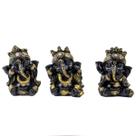 Trio Ganeshas Cego Surdo e Mudo 8 cm Preto e Dourado Resina