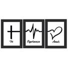 Trio Quadro Decor Moldura Preta E Vidro FÉ EsperanÇA Amor Fundo Branco 30x20 Mdf Madeira Adesivado