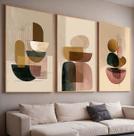 Trio Quadros com Moldura e Acrilico Cristal Vidro Abstrato Linhas Bege Kit 3 Quadros para Sala, Quarto ou Escritório