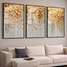 Trio Quadros com Moldura e Acrilico Cristal Vidro Chuva Dourada Kit 3 Quadros para Sala, Quarto ou Escritório