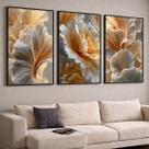 Trio Quadros com Moldura e Acrilico Cristal Vidro Floral Abstrato Gold Kit 3 Quadros para Sala, Quarto ou Escritório
