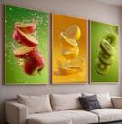 Trio Quadros com Moldura e Acrilico Cristal Vidro Frutas Cozinha Kit 3 Quadros para Sala, Quarto ou Escritório