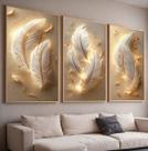 Trio Quadros com Moldura e Acrilico Cristal Vidro Penas Dourada Kit 3 Quadros para Sala, Quarto ou Escritório