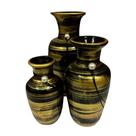 Trio Vasos Urnas Jad em Cerâmica Decorativas de Sala - Black Gold