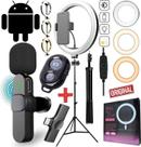 Tripé Profissional Microfone Sem Fio Android Anel Luz Led Iluminador Hing Light Youtuber Vlog Blogueiro Filmagem Celular