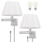TRLIFE Aplique de Pared Regulable con Enchufe, Juego de Dos Apliques de Pared de Níquel Cepillado con Brazo Oscilante, Pantalla de Tela Blanca Grande de 30 cm (Paquete de 2, 2 Bombillas)