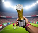 Troféu tipo taça com brasão da logo em resina