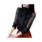 Túnica Feminina Branca e Preta - Manga Longa, Gola Alta com Laço e Chiffon