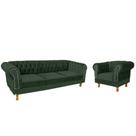 Um Sofá 1.80 + Uma Poltrona Chesterfield Duque Suede - Verde Musgo / Sala, Recepção, Barbearia, Decoração