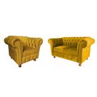 Uma Namoradeira + Uma Poltrona Luis XV Chesterfield Capitone - Suede Amarelo / Sala de Tv, Recepção, decoração