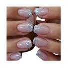 Unhas Postiças Curtas Quadradas Cor De Pele Com Ponta Prateada Francesa, 24 Peças Com Adesivo Em Gel