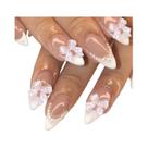 Unhas Postiças Longas Em Acrílico Com Design De Laço Francês Branco E Pérolas, Conjunto De 24 Peças