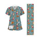 Uniforme De Enfermeira Feminino Com Estampa De Natal, Decote Em V, Manga Curta E Bolso, Traje