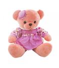 Ursa Cor Salmão Sentada De Vestido Florido E Chapeuzinho 37cm - Pelúcia
