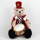Urso Xadrez Tocando Tambor Vermelho Decorativo Natal 23cm