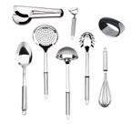 Utensílios para Cozinha Kit Completo Aço Inoxidável Multiuso Jogo Colher Escumadeira Concha Pegador de Massa Fue Amassador e Garfo